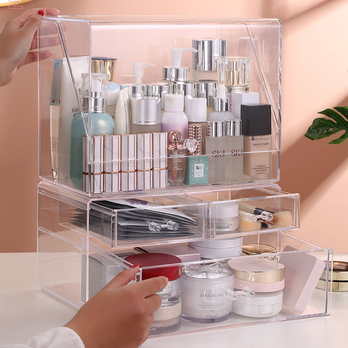 Hajetso Heightened Acrylic Cosmetic Storage With Lid 3 Drawers Makeup Jewelry Storage Display Organizer