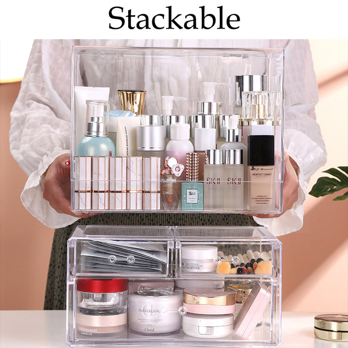 Hajetso Heightened Acrylic Cosmetic Storage With Lid 3 Drawers Makeup Jewelry Storage Display Organizer