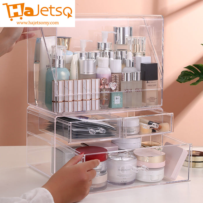 Hajetso Heightened Acrylic Cosmetic Storage With Lid 3 Drawers Makeup Jewelry Storage Display Organizer