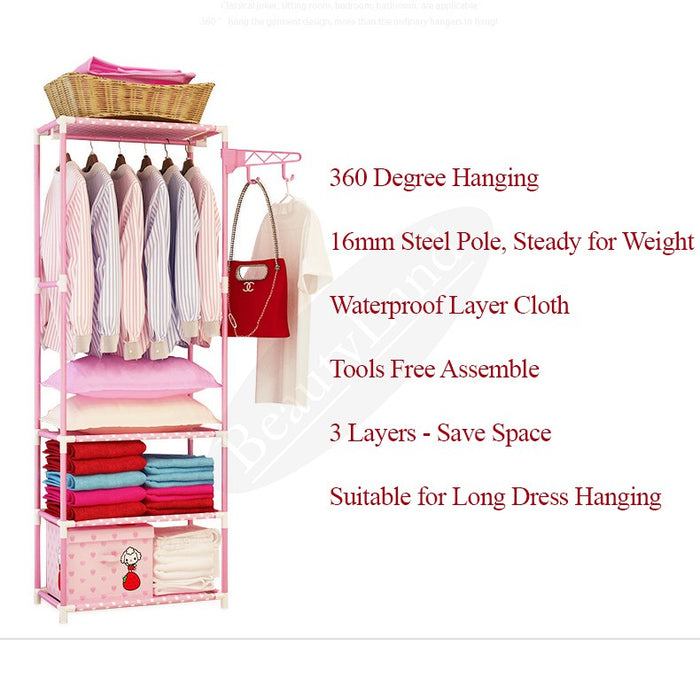 Hajetso Korean Multipurpose Cloth Organizer Rack Wardrobe Cloth Cabinet Hanging Pole