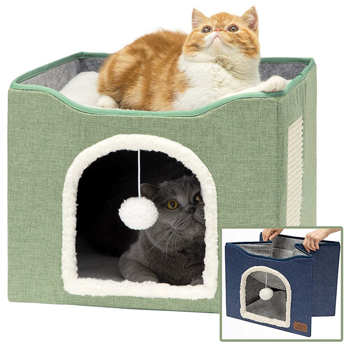 Hajetso Foldable 2 Floor Cat House Cat Bed Removable Mat Cat Beds with Fluffy Ball and Side Scratch Pad