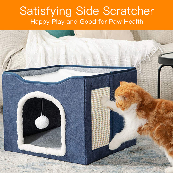 Hajetso Foldable 2 Floor Cat House Cat Bed Removable Mat Cat Beds with Fluffy Ball and Side Scratch Pad