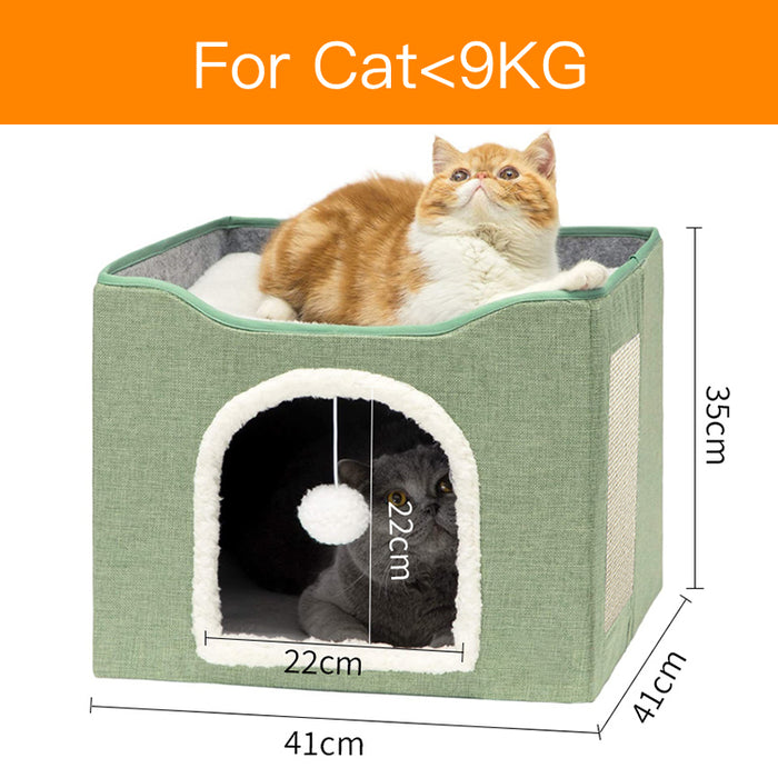 Hajetso Foldable 2 Floor Cat House Cat Bed Removable Mat Cat Beds with Fluffy Ball and Side Scratch Pad