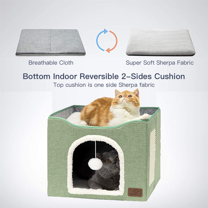 Hajetso Foldable 2 Floor Cat House Cat Bed Removable Mat Cat Beds with Fluffy Ball and Side Scratch Pad