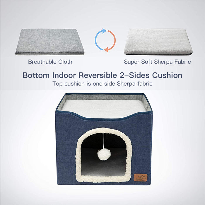 Hajetso Foldable 2 Floor Cat House Cat Bed Removable Mat Cat Beds with Fluffy Ball and Side Scratch Pad