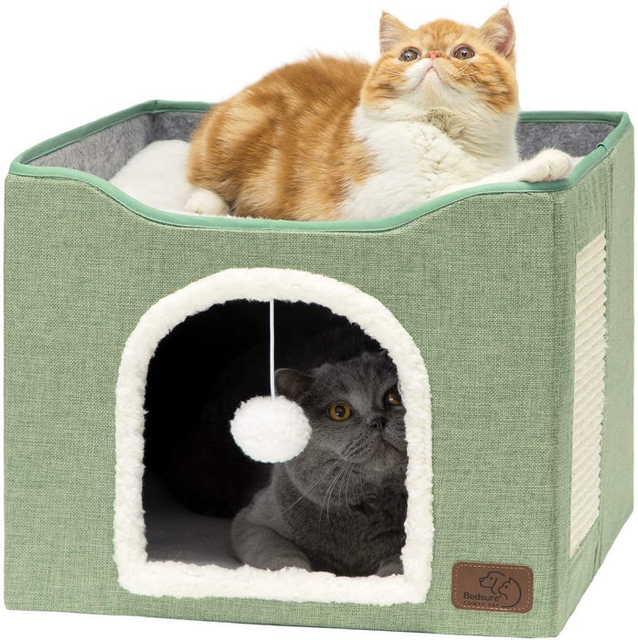 Hajetso Foldable 2 Floor Cat House Cat Bed Removable Mat Cat Beds with Fluffy Ball and Side Scratch Pad