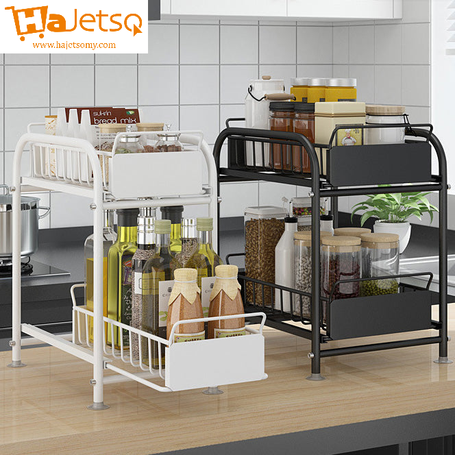 Hajetso Under Sink Rack Kitchen Full Steel Sliding Cabinet Rak Dapur Basket Pull Out Organizer